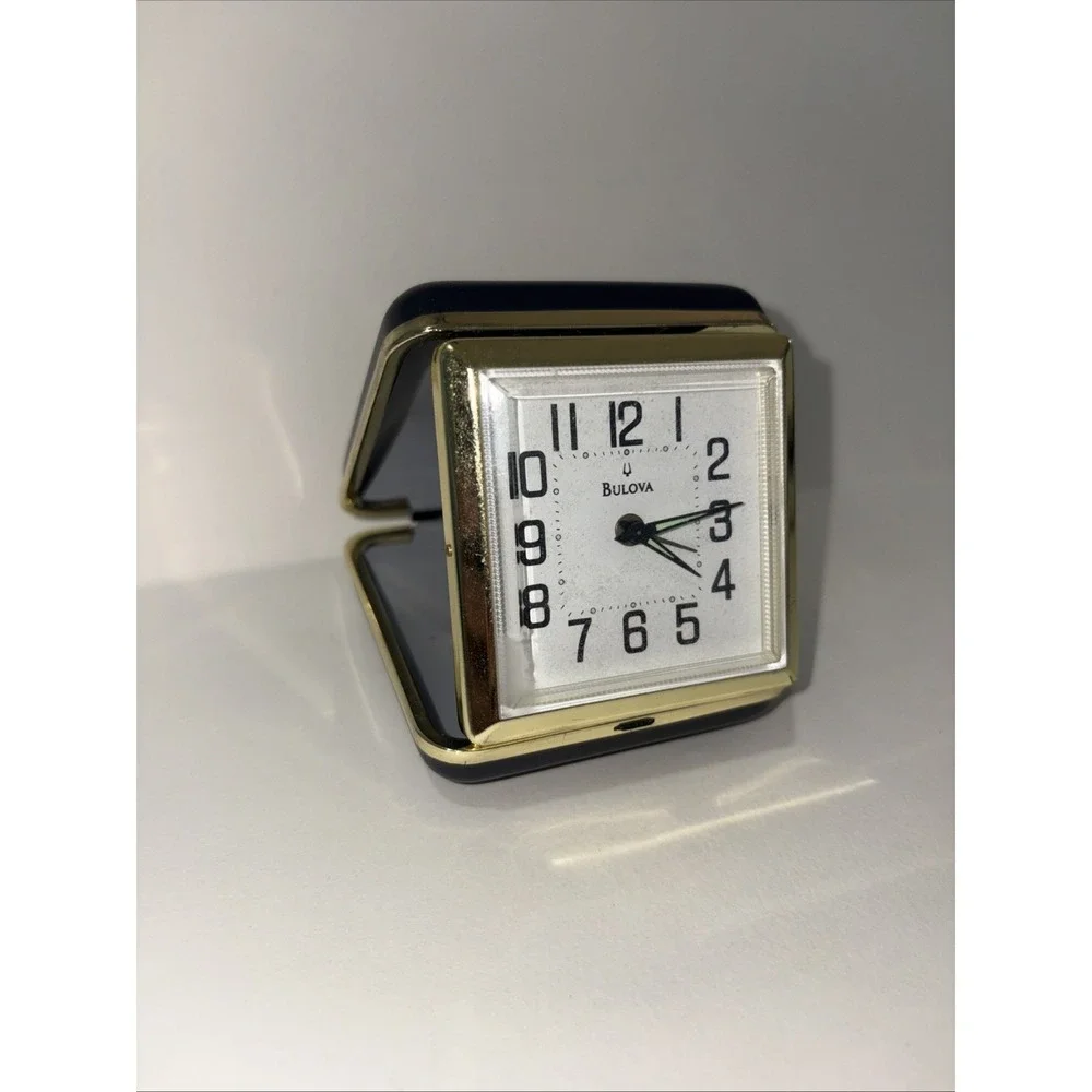 Vintage Bulova Travel Alarm Clock Manual Wind Up Clamshell Black Gold Tested